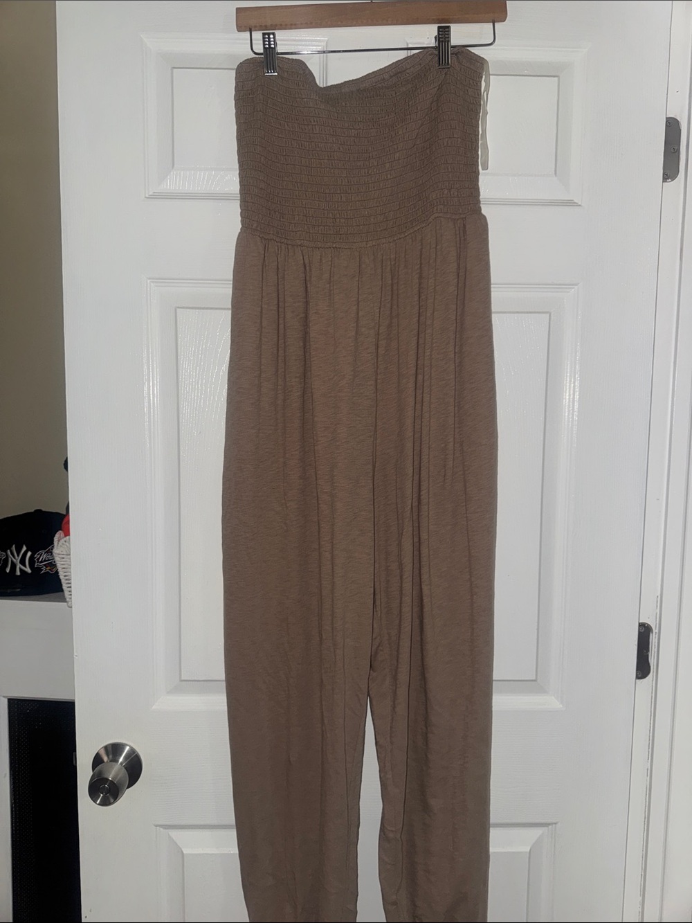 Strapless Smocked Waist Brown Jumpsuit